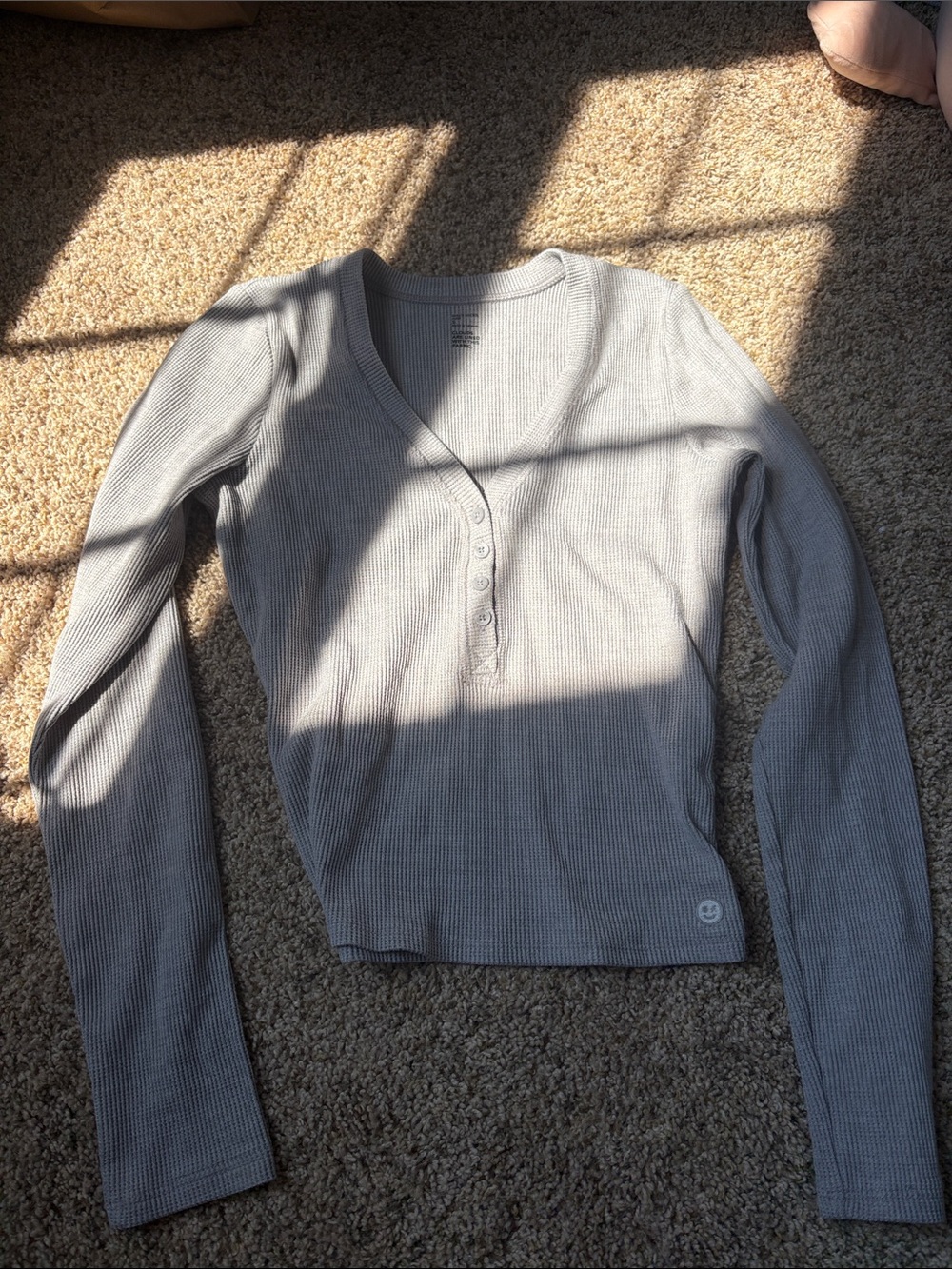 Hollister Light Gray Ribbed Henley Long-Sleeve Top